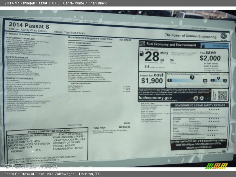  2014 Passat 1.8T S Window Sticker
