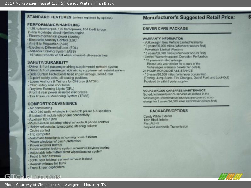  2014 Passat 1.8T S Window Sticker