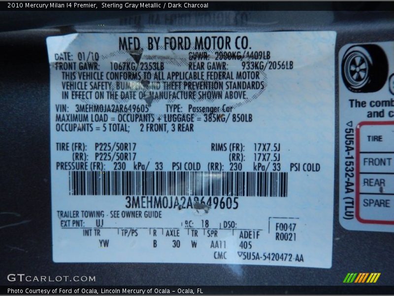Sterling Gray Metallic / Dark Charcoal 2010 Mercury Milan I4 Premier