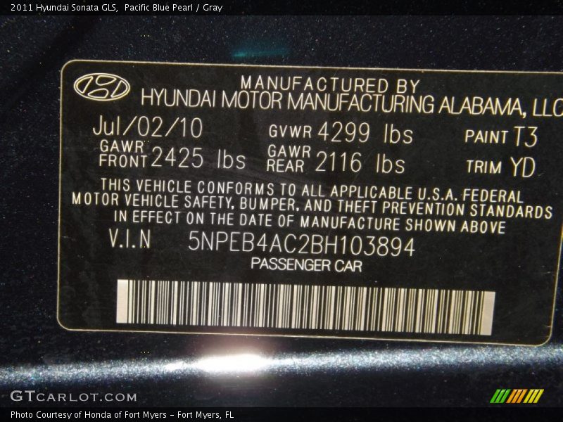 Pacific Blue Pearl / Gray 2011 Hyundai Sonata GLS