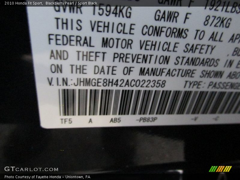 Blackberry Pearl / Sport Black 2010 Honda Fit Sport