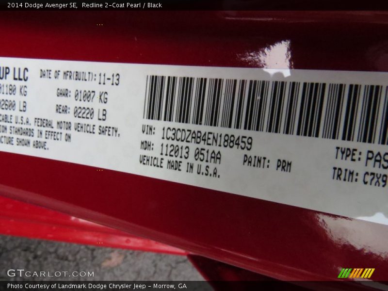 Redline 2-Coat Pearl / Black 2014 Dodge Avenger SE