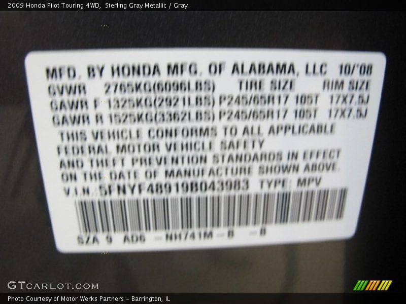 Sterling Gray Metallic / Gray 2009 Honda Pilot Touring 4WD