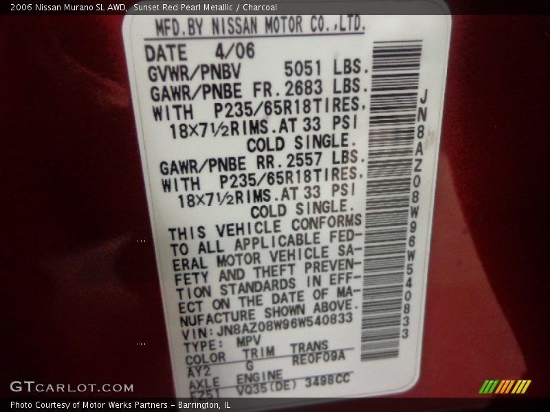 Sunset Red Pearl Metallic / Charcoal 2006 Nissan Murano SL AWD