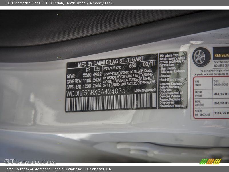 Arctic White / Almond/Black 2011 Mercedes-Benz E 350 Sedan