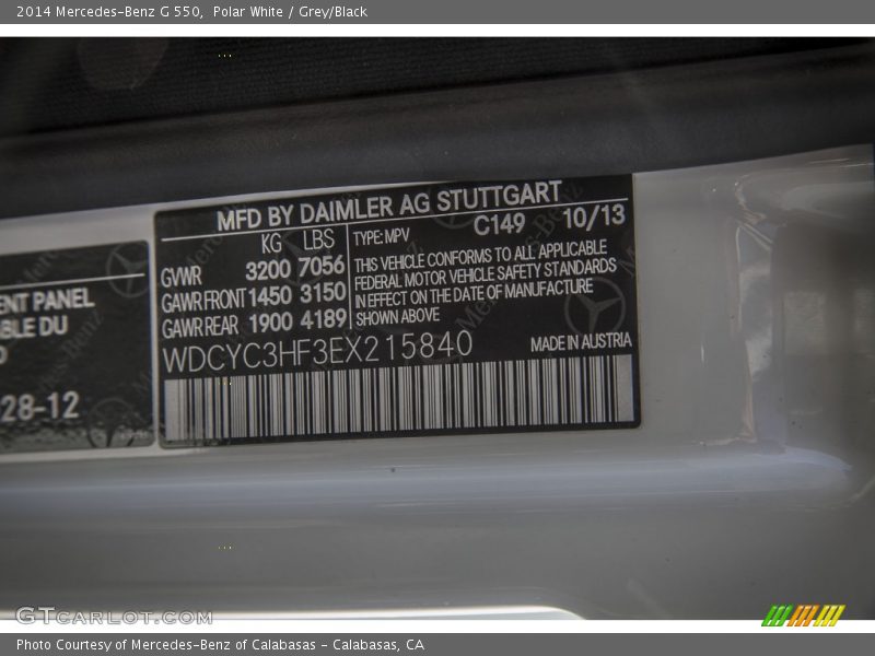 Polar White / Grey/Black 2014 Mercedes-Benz G 550