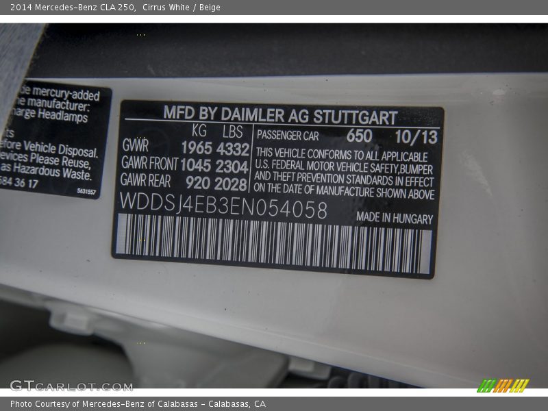 Cirrus White / Beige 2014 Mercedes-Benz CLA 250