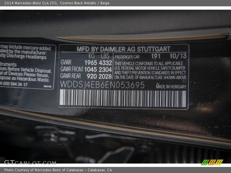 2014 CLA 250 Cosmos Black Metallic Color Code 191
