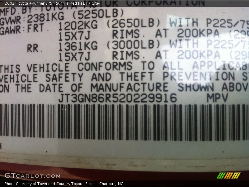Sunfire Red Pearl / Gray 2002 Toyota 4Runner SR5
