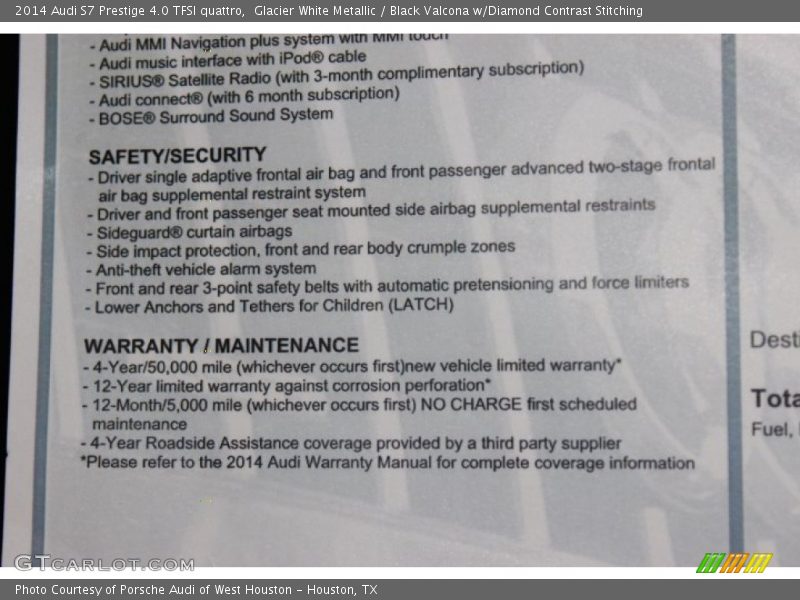  2014 S7 Prestige 4.0 TFSI quattro Window Sticker