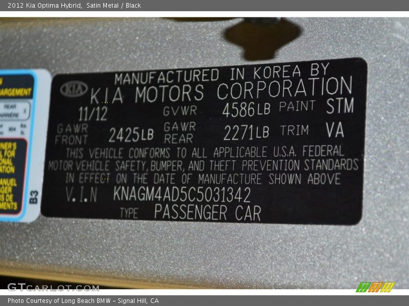 Satin Metal / Black 2012 Kia Optima Hybrid