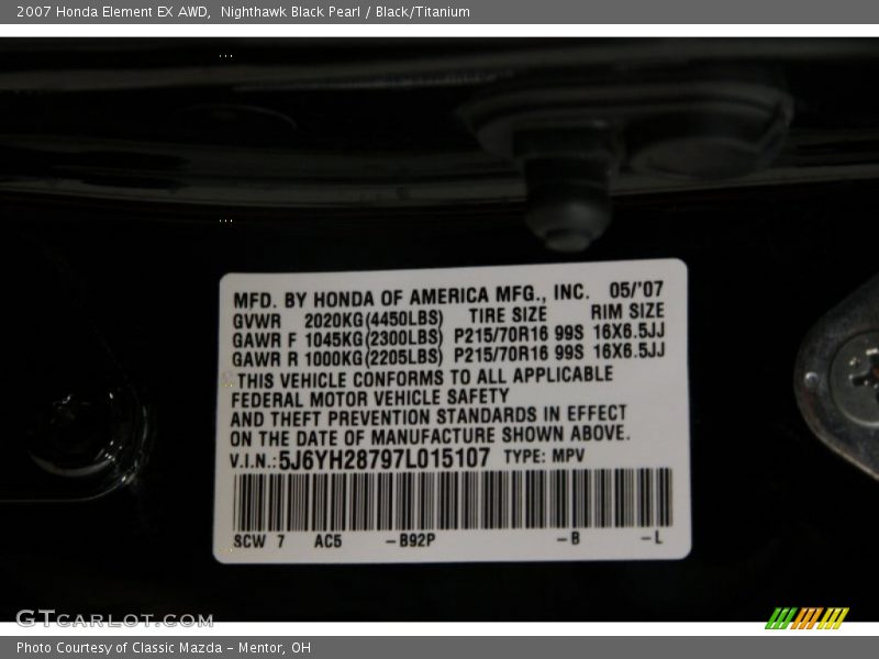 Nighthawk Black Pearl / Black/Titanium 2007 Honda Element EX AWD