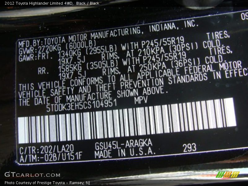 Black / Black 2012 Toyota Highlander Limited 4WD