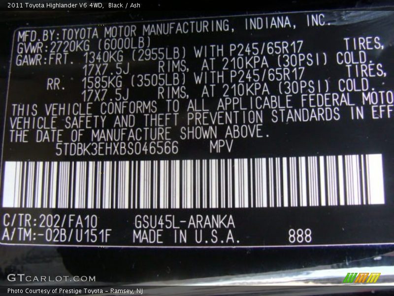 Black / Ash 2011 Toyota Highlander V6 4WD