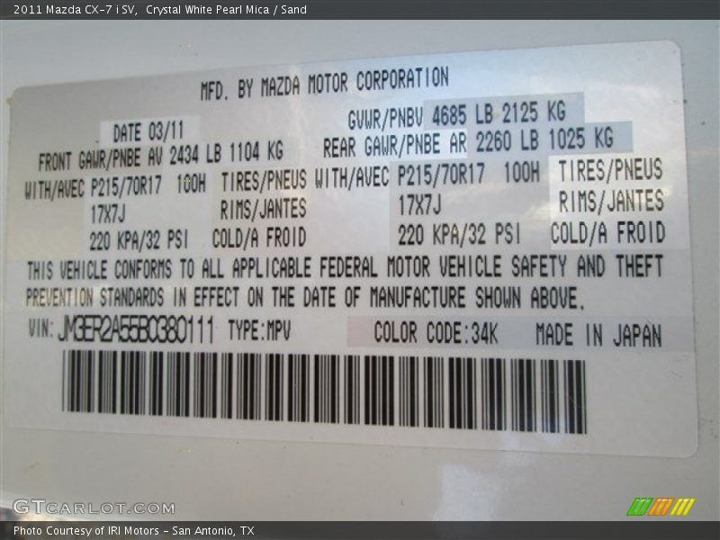 Crystal White Pearl Mica / Sand 2011 Mazda CX-7 i SV