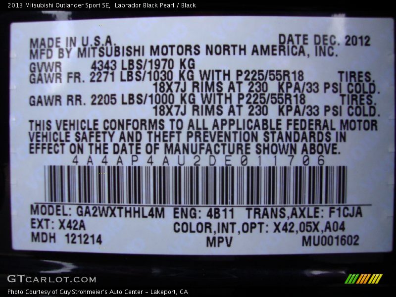 2013 Outlander Sport SE Labrador Black Pearl Color Code X42A