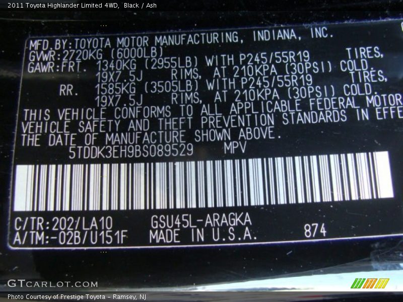 Black / Ash 2011 Toyota Highlander Limited 4WD