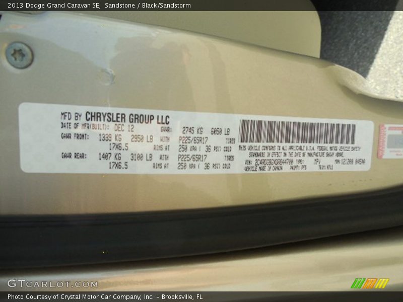 Sandstone / Black/Sandstorm 2013 Dodge Grand Caravan SE