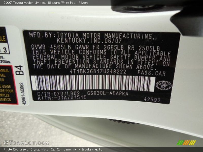 Blizzard White Pearl / Ivory 2007 Toyota Avalon Limited