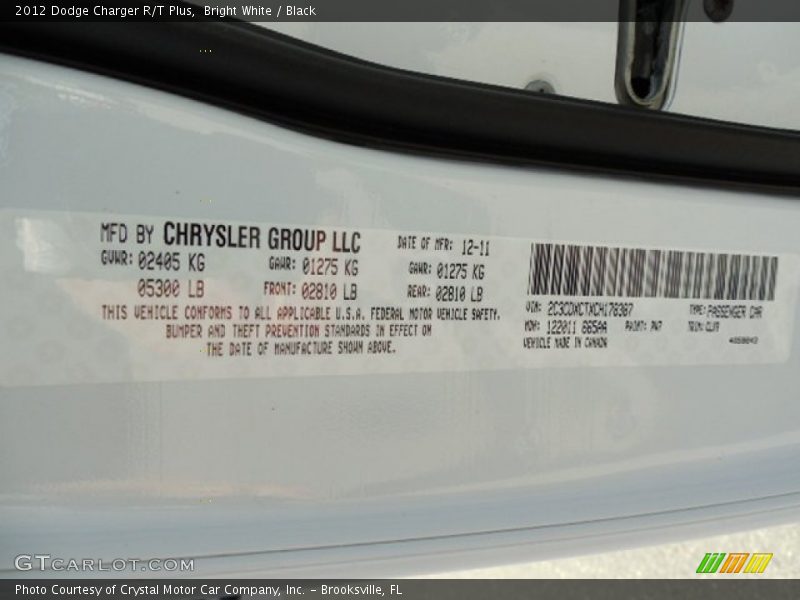 Bright White / Black 2012 Dodge Charger R/T Plus