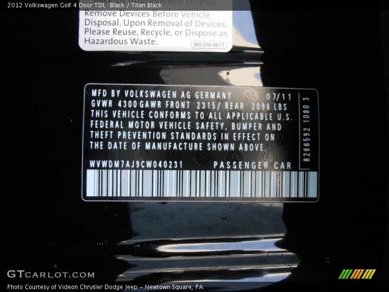 Black / Titan Black 2012 Volkswagen Golf 4 Door TDI