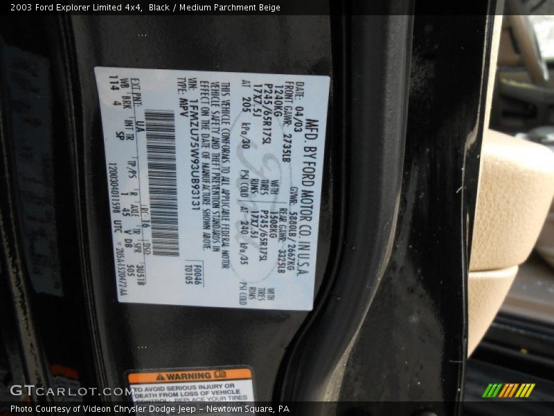2003 Explorer Limited 4x4 Black Color Code UA