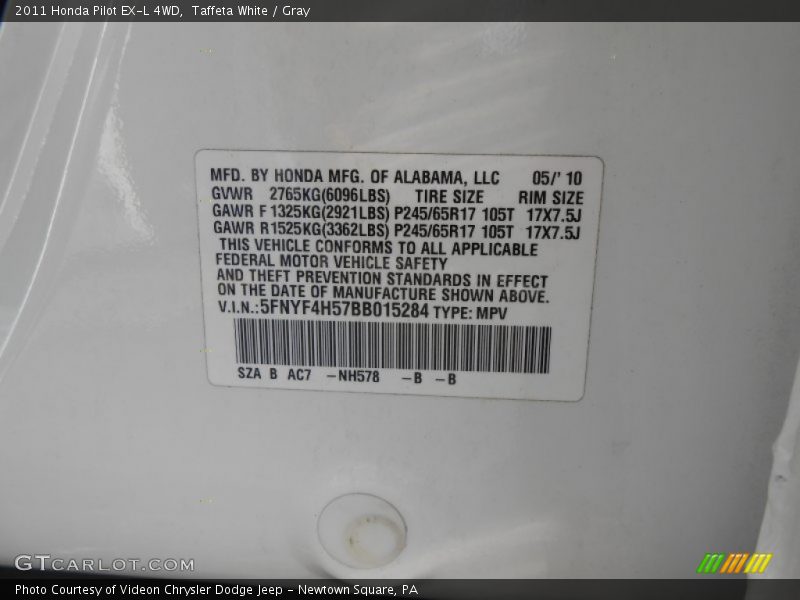 Taffeta White / Gray 2011 Honda Pilot EX-L 4WD