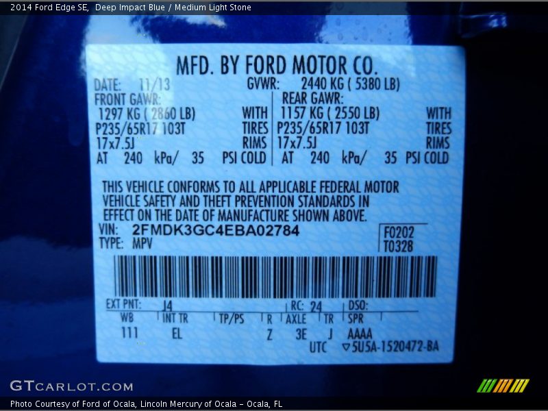 2014 Edge SE Deep Impact Blue Color Code J4