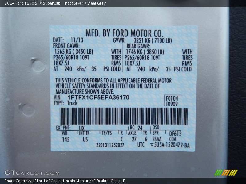 2014 F150 STX SuperCab Ingot Silver Color Code UX