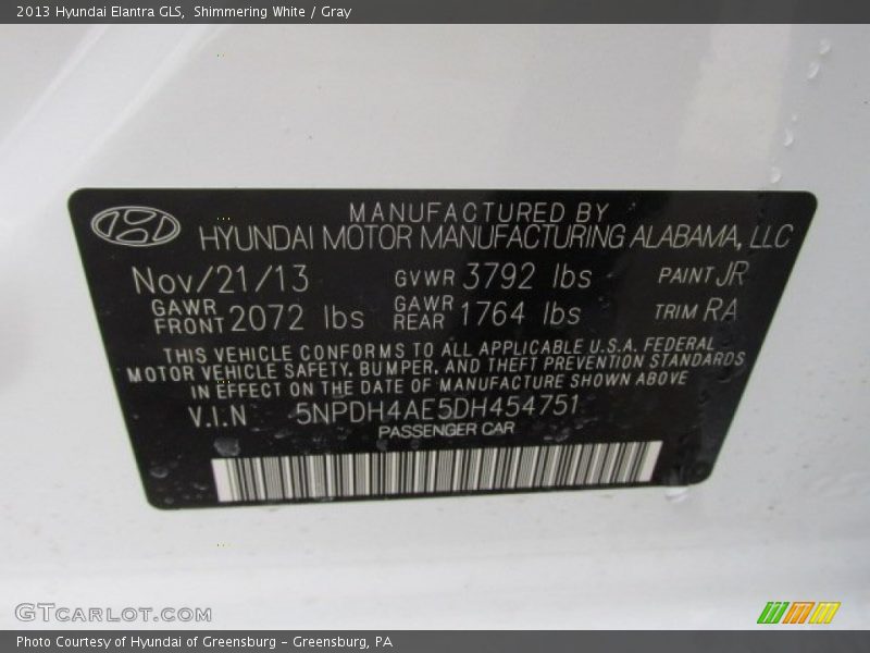 Shimmering White / Gray 2013 Hyundai Elantra GLS