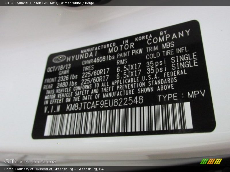 2014 Tucson GLS AWD Winter White Color Code PKW