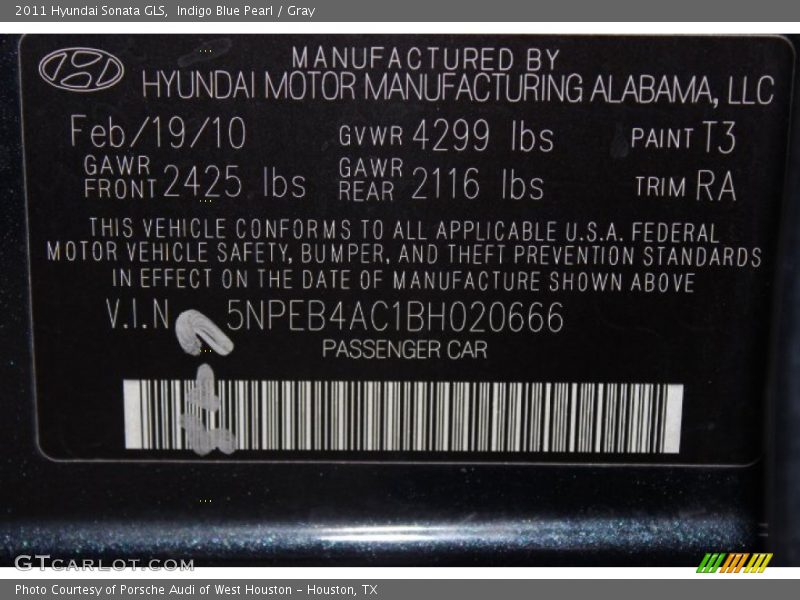 Indigo Blue Pearl / Gray 2011 Hyundai Sonata GLS