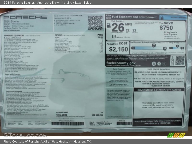  2014 Boxster  Window Sticker