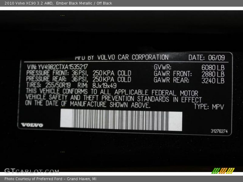Ember Black Metallic / Off Black 2010 Volvo XC90 3.2 AWD