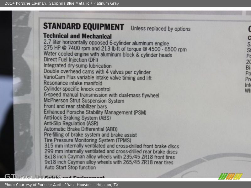  2014 Cayman  Window Sticker