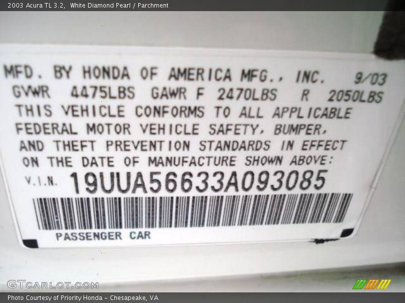 White Diamond Pearl / Parchment 2003 Acura TL 3.2