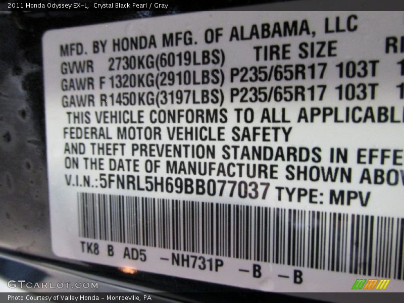 Crystal Black Pearl / Gray 2011 Honda Odyssey EX-L