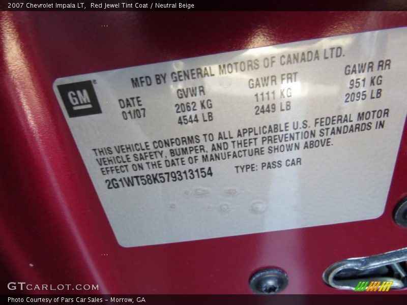 Red Jewel Tint Coat / Neutral Beige 2007 Chevrolet Impala LT