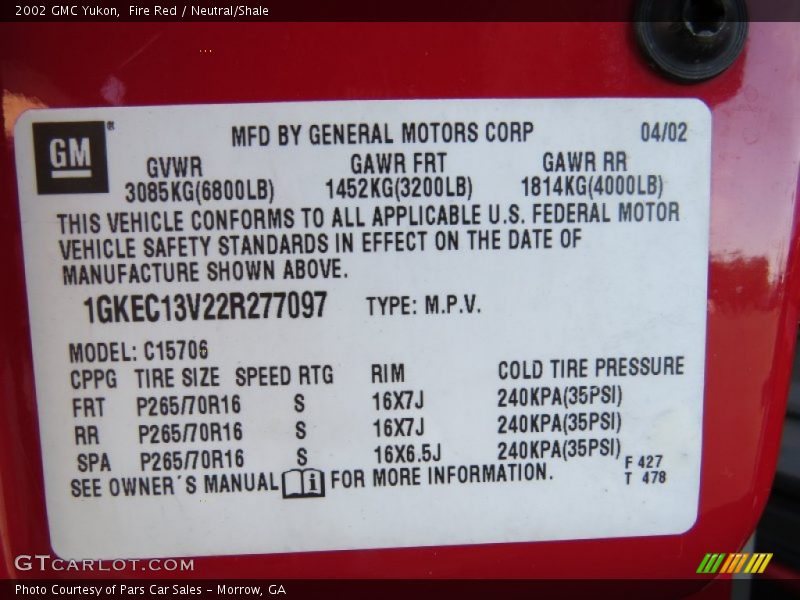 Info Tag of 2002 Yukon 