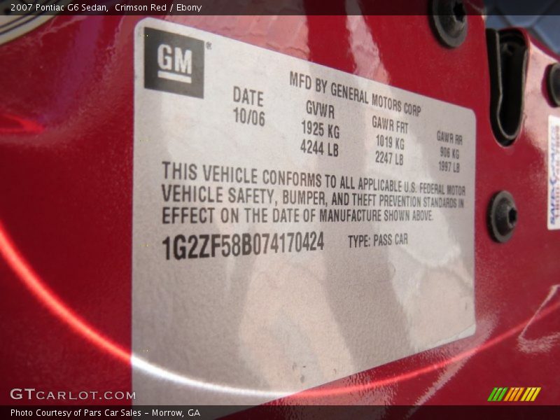 Crimson Red / Ebony 2007 Pontiac G6 Sedan