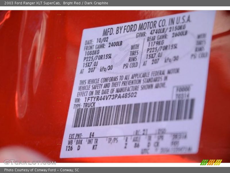 Bright Red / Dark Graphite 2003 Ford Ranger XLT SuperCab
