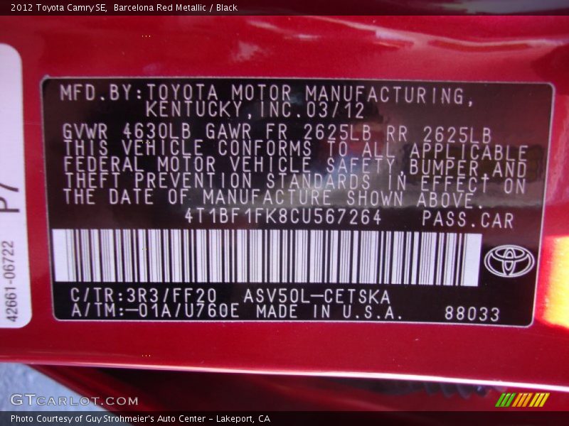 Barcelona Red Metallic / Black 2012 Toyota Camry SE