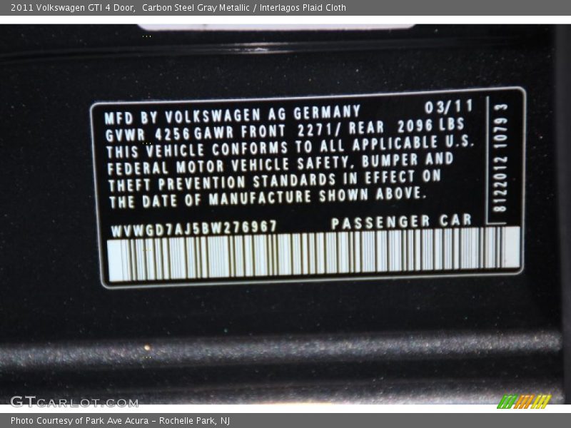 Carbon Steel Gray Metallic / Interlagos Plaid Cloth 2011 Volkswagen GTI 4 Door