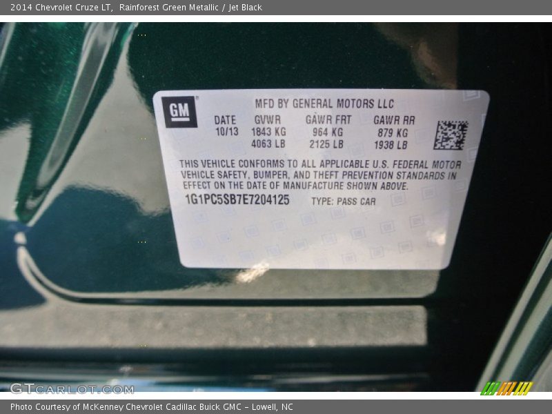 Rainforest Green Metallic / Jet Black 2014 Chevrolet Cruze LT