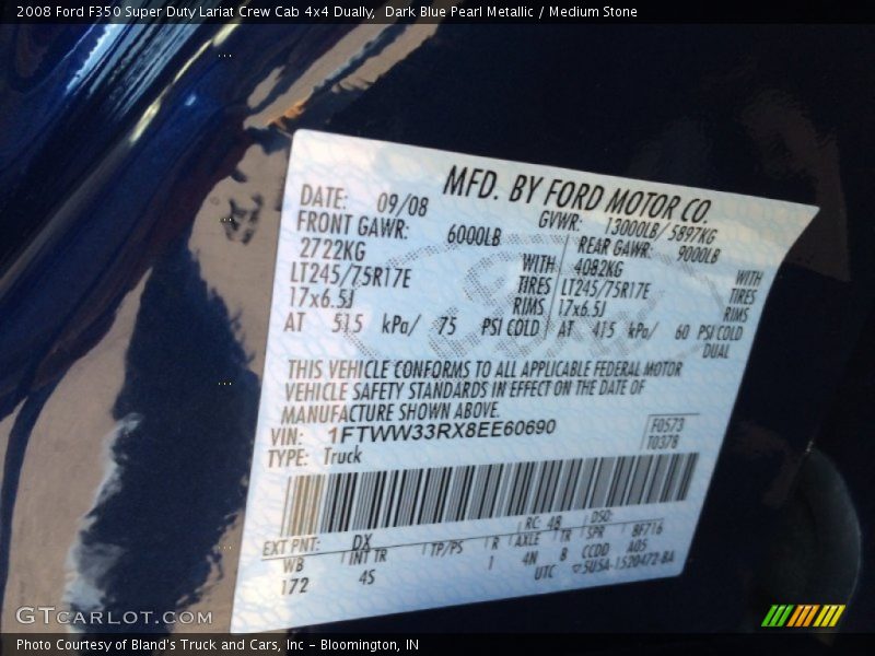 Dark Blue Pearl Metallic / Medium Stone 2008 Ford F350 Super Duty Lariat Crew Cab 4x4 Dually