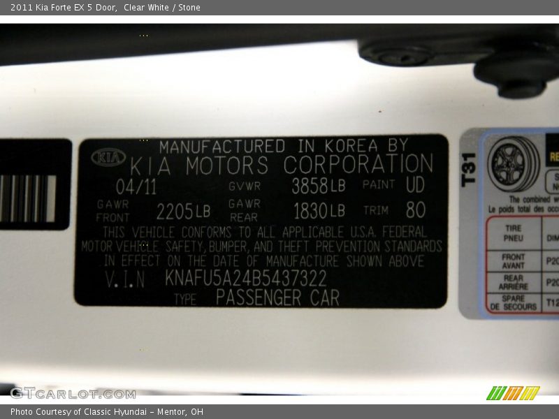 Clear White / Stone 2011 Kia Forte EX 5 Door