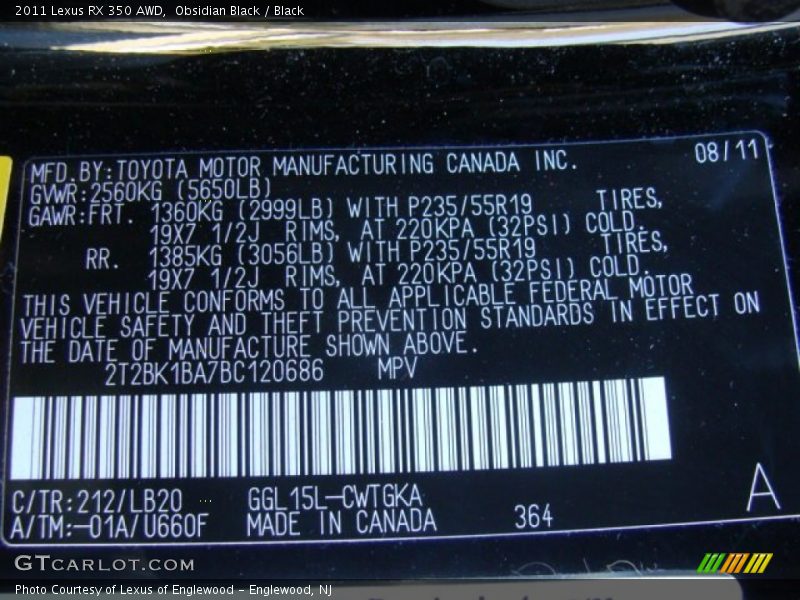 Obsidian Black / Black 2011 Lexus RX 350 AWD