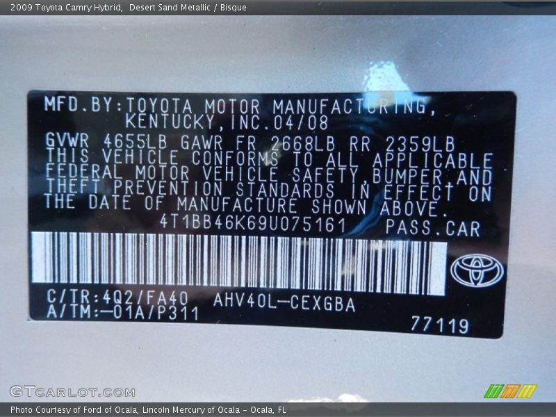 2009 Camry Hybrid Desert Sand Metallic Color Code 4Q2