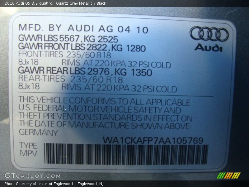 Quartz Grey Metallic / Black 2010 Audi Q5 3.2 quattro