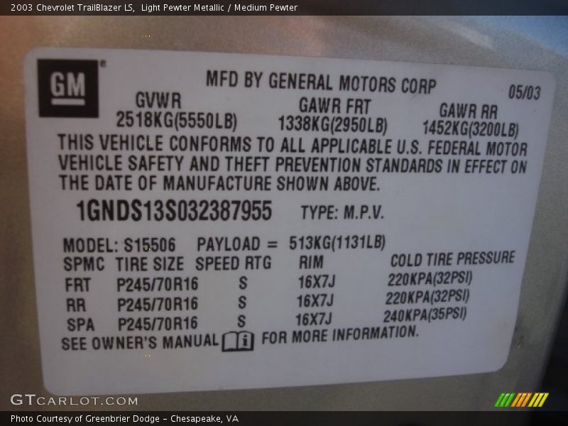 Light Pewter Metallic / Medium Pewter 2003 Chevrolet TrailBlazer LS